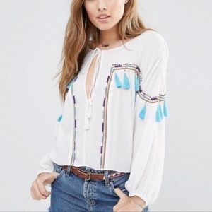 Piper by Townsen white beaded fringe blouse boho 100% viscose Large